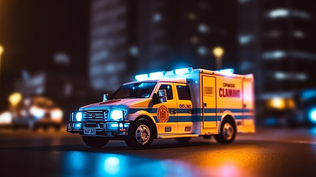 A medical emergency ambulance car driving with red lights on through the city on a road