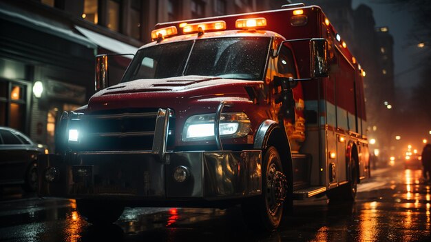 Photo medical emergency ambulance driving in city at night