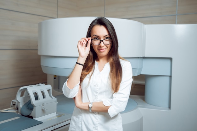 Medical equipment. Doctor in MRI room at hospital