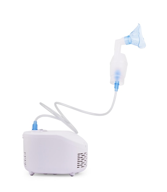 Medical equipment for inhalation with respiratory mask nebulizer on a white background Respiratory medicine Asthma breathing treatment Bronchitis asthmatic health equipment