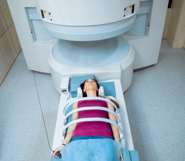 Medical equipment. Patient in MRI room at hospital