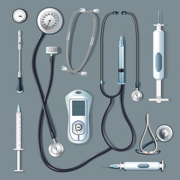 Medical Equipment Set Thermometers Syringes Stethoscope Pressure Measuring Device etc