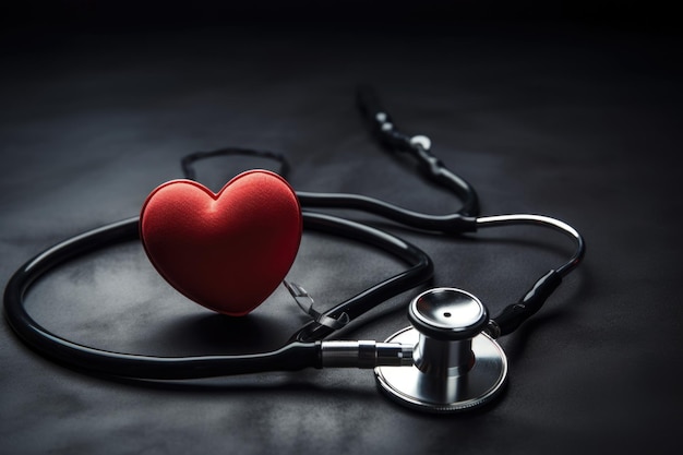 Medical equipment stethoscope and red heart on a dark background