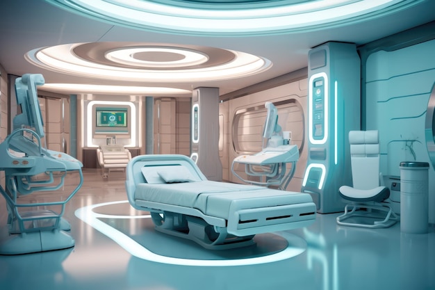 Medical equipment technology and lighting on operating table in empty hospital operating room