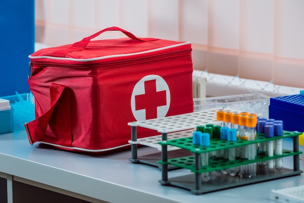 Medical equipment. Tubes and containers. Medical light background.