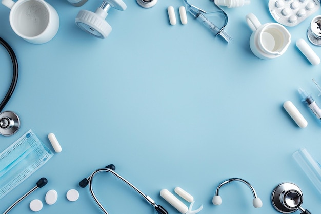 Medical equipments and medicine on blue background