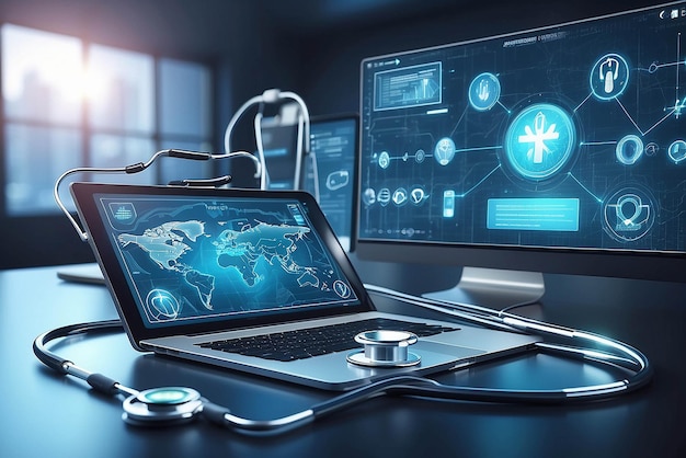 Medical examination diagnostic Stethoscope and icon medical network connection with modern virtual screen interface medical technology network concept On blurred background Realistic 3D Vector