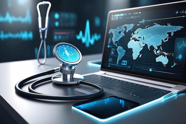 Medical examination diagnostic Stethoscope and icon medical network connection with modern virtual screen interface medical technology network concept On blurred background Realistic 3D Vector