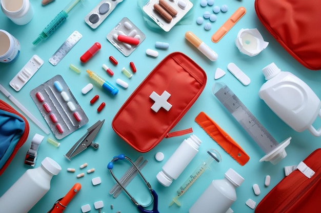 Medical first aid kit with different pills and medical devices