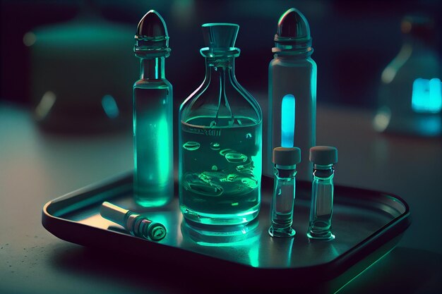 Medical glass bottles scientific study texture vivid conceptual medical illustration test tubes