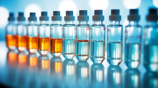 Medical glass vials placed on a laboratory table