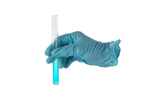 Photo medical glove with test tube isolated on white background.