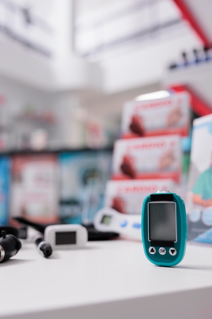 Медицинский глюкометр, стоящий на столе, готов измерять уровень глюкозы и инсулина у клиентов в аптеке. Пустая аптека, наполненная фармацевтическими продуктами и витаминами. Медицинское обслуживание и концепция