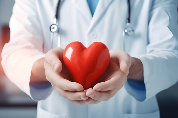 写真 赤い心臓の形を手に持つ医師の心臓学概念