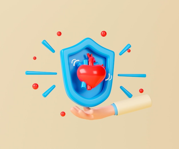 Photo medical and helathcare concept 3d illustration heart with shield on doctor hand