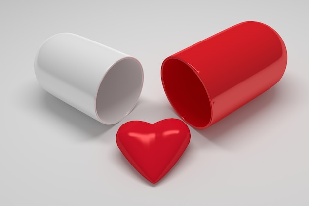 Medical help for heart disease. Red big shiny heart with a large capsule pill on white 