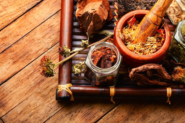 Medical herbs and medicinal plants in a tray