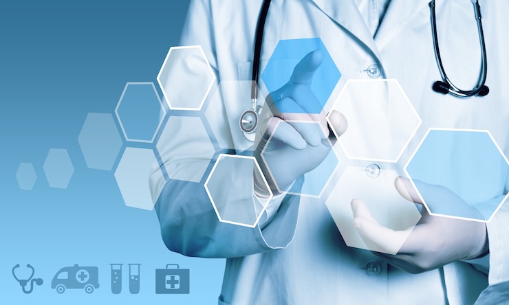 Photo medical icons and young  doctor with stethoscope