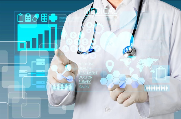 Medical icons and young  doctor with stethoscope