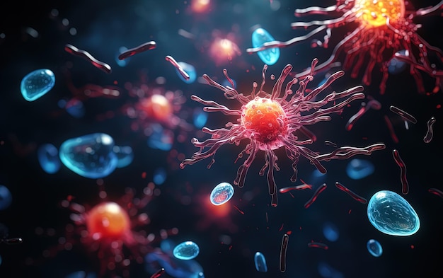 Медицинская иллюстрация с вирусными клетками и микроорганизмами на размытом фоне
