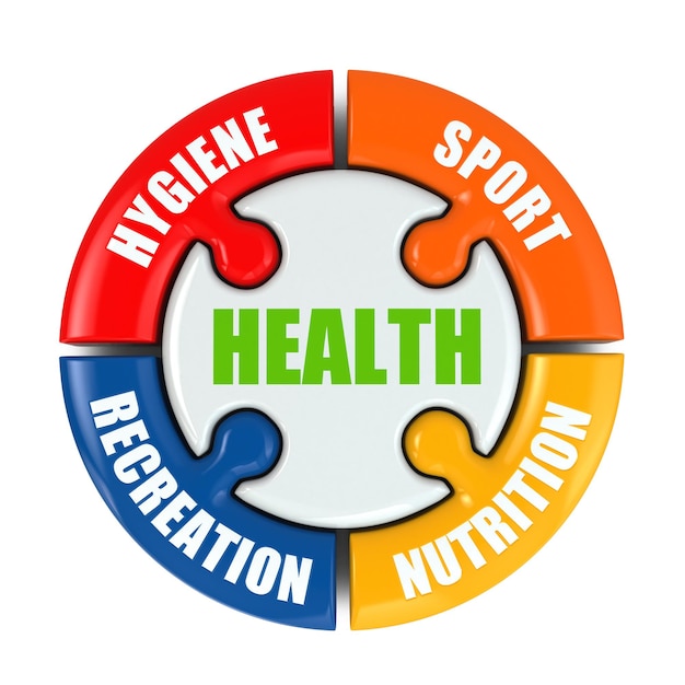 의료 인포 그래픽. 건강은 스포츠, 위생, 영양 및 레크리에이션입니다. 3d