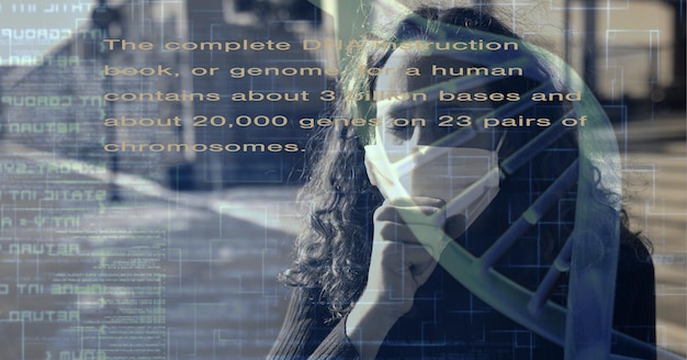 Medical information over a caucasian woman in a mask coughing, coronavirus concept