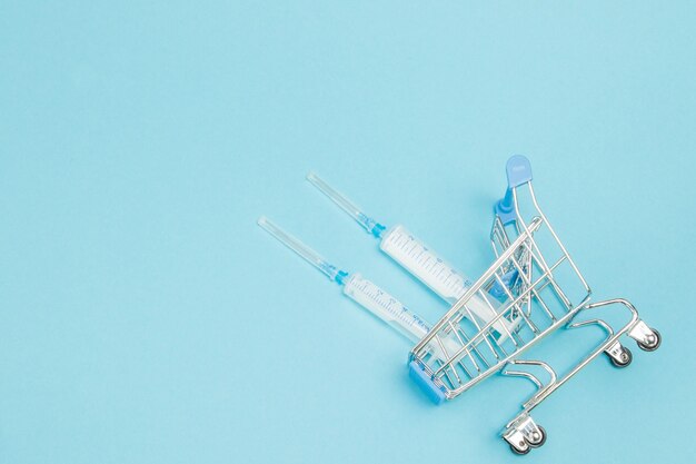 medical injection in shopping trolley on blue wall.