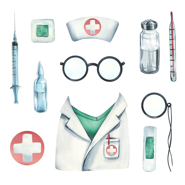 Photo medical kit with gown doctor's cap glasses pincenez adhesive plaster thermometer syringe and medicines watercolor illustration for hospitals clinics pharmacies medical offices