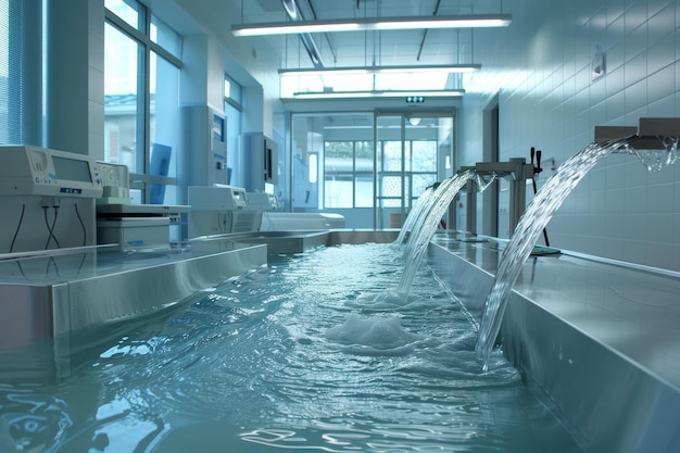 A medical laboratory with an abstract water feature the gentle flow of water adding a sense of tranquility to the bustling lab environment