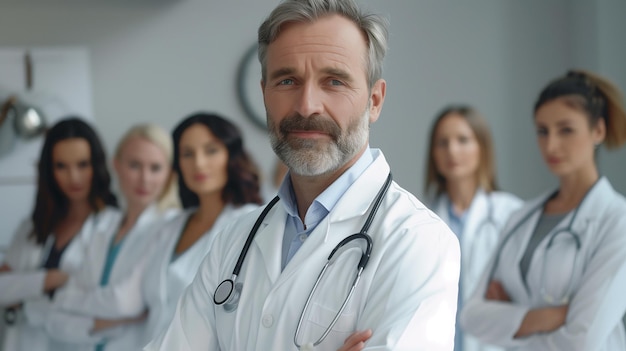 Foto leadership medica dottor bello in un gruppo di colleghe femminili