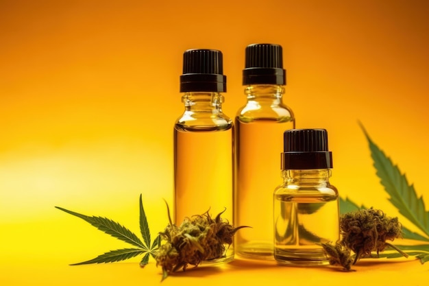 Medical marijuana oil bottles on yellow background Generative AI