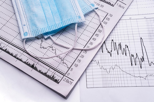 Medical mask and chart. Coronavirus statistics of daily growth