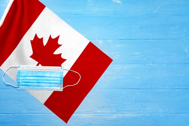 Medical mask on flag of Canada on wooden board close up