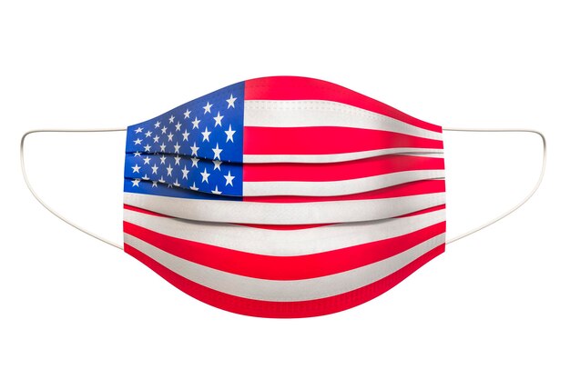 Foto maschera medica con il rendering 3d della bandiera degli stati uniti