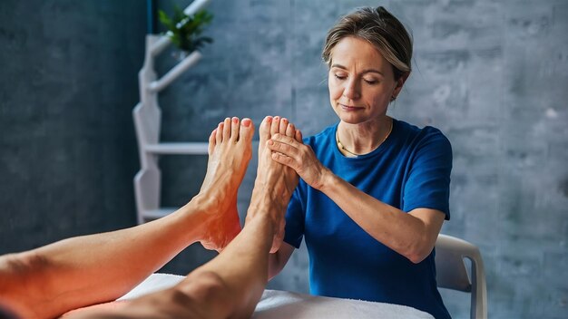 Medical massage at the foot in a physiotherapy center