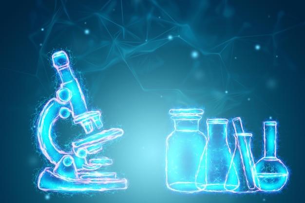 Medical microscope with different flasks and test tubes on a blue background