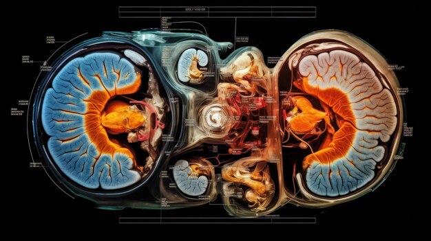 A medical MRI image of the brain showing a cross section with detailed annotations Magnetic Resonance Imaging