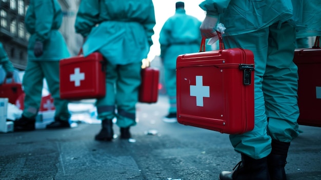 Photo medical personnel stand by with first aid kits ready to treat any injuries that may occur during the