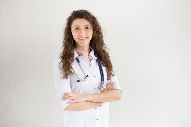 Medical physician doctor woman isolated on white background.