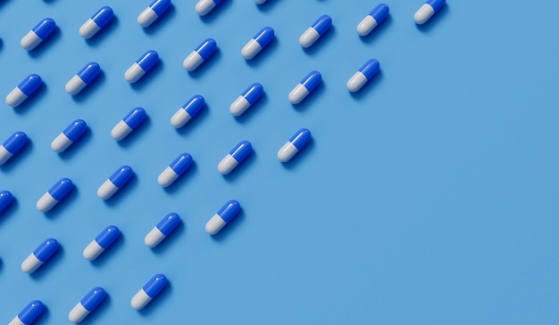 Photo medical pill capsules on a blue background healthcare concept 3d rendering