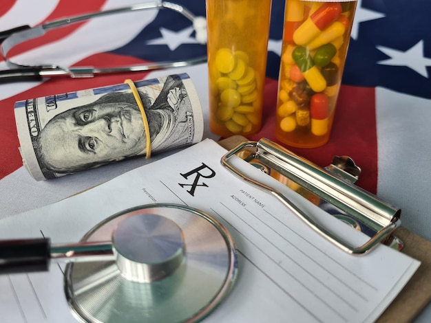 Medical pills on american flag medical prescription getting medications in america with a prescription