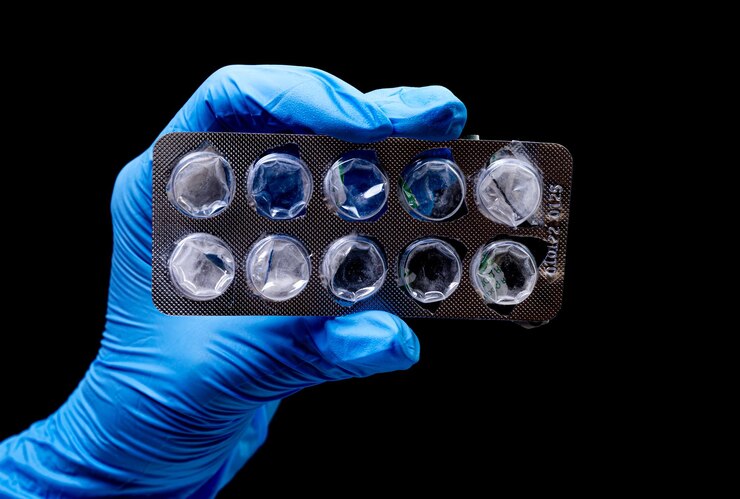Medical pills in blister on isolated black background with reflection in hand