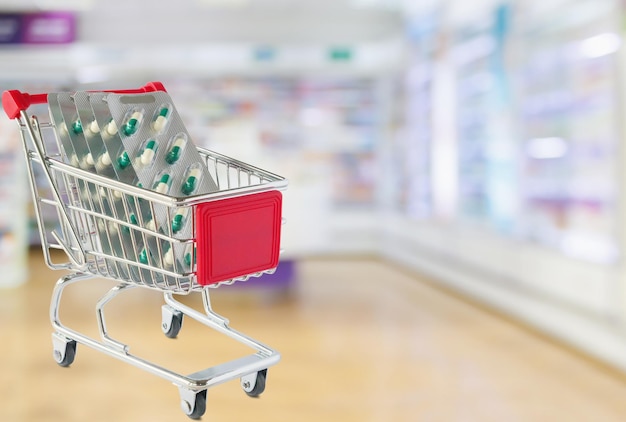 Medical pills capsule in shopping cart with pharmacy drugstore shelves blurred background