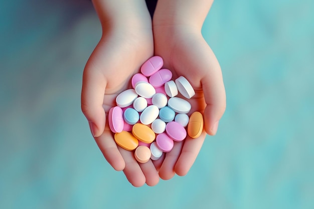 Medical pills in child's hands Child holding pale of pills Keep away from children reach concept Sick child with drugs Danger at home Childhood diseases vitamins for children AI generated image