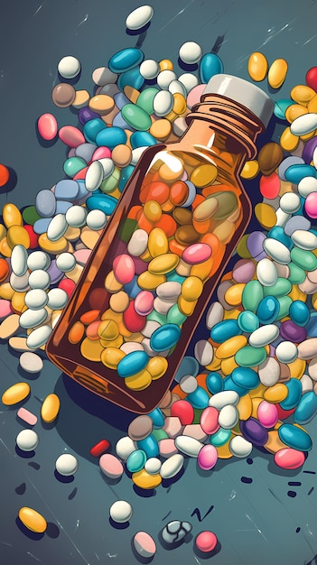 Medical pills scattered around a bottle