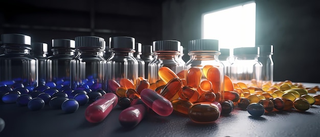 Medical pills with drug bottles Generative AI