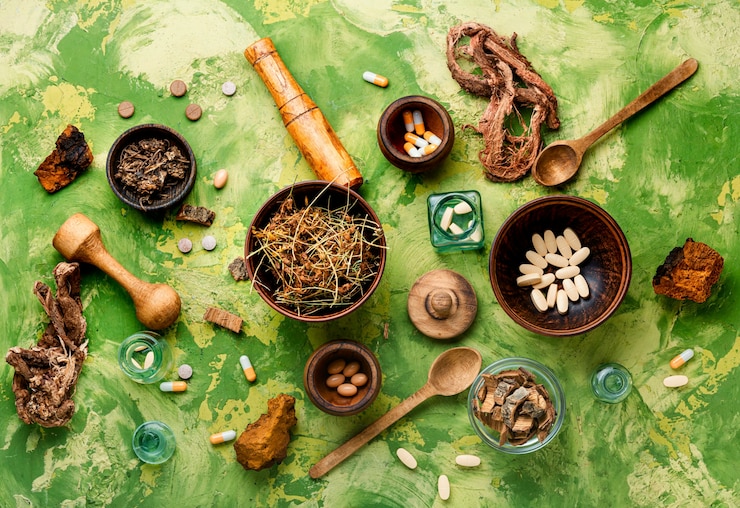 Photo medical pills with healing herbs