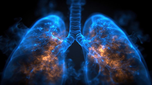 Медицинская точность синего цифрового рентгеновского изображения человеческих легких на темном монохромном фоне