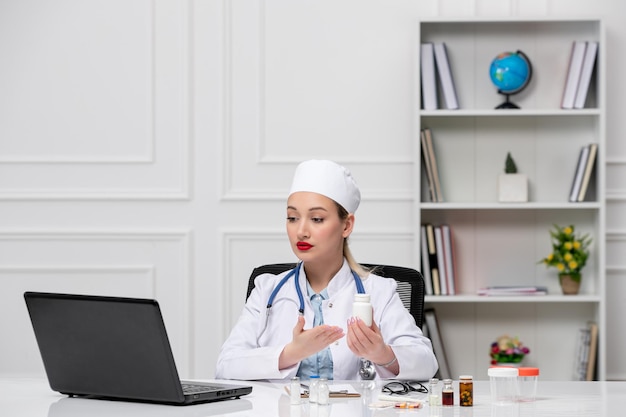 Medical pretty cute doctor in white lab coat and hat with computer holding white pills