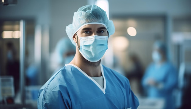 생성 AI 기술로 만들어진 수술실에서 마스크와 스크럽을 착용하는 의료 직업.